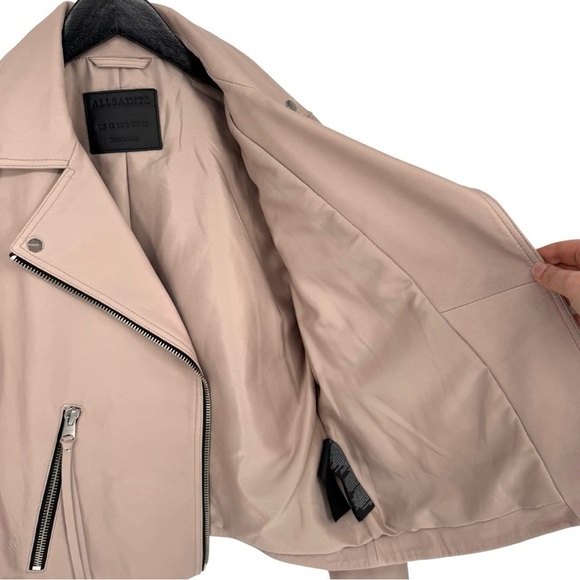 All Saints 8 Dalby Slim-Fit Leather‎ Biker Jacket Misty Pink Zipper Moto Boho - Picture 12 of 15